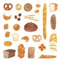 Set of different types, shapes and sizes of breads and homemade baked products: croissant, loaf, bun, baguette, toast, pretzel. Ba
